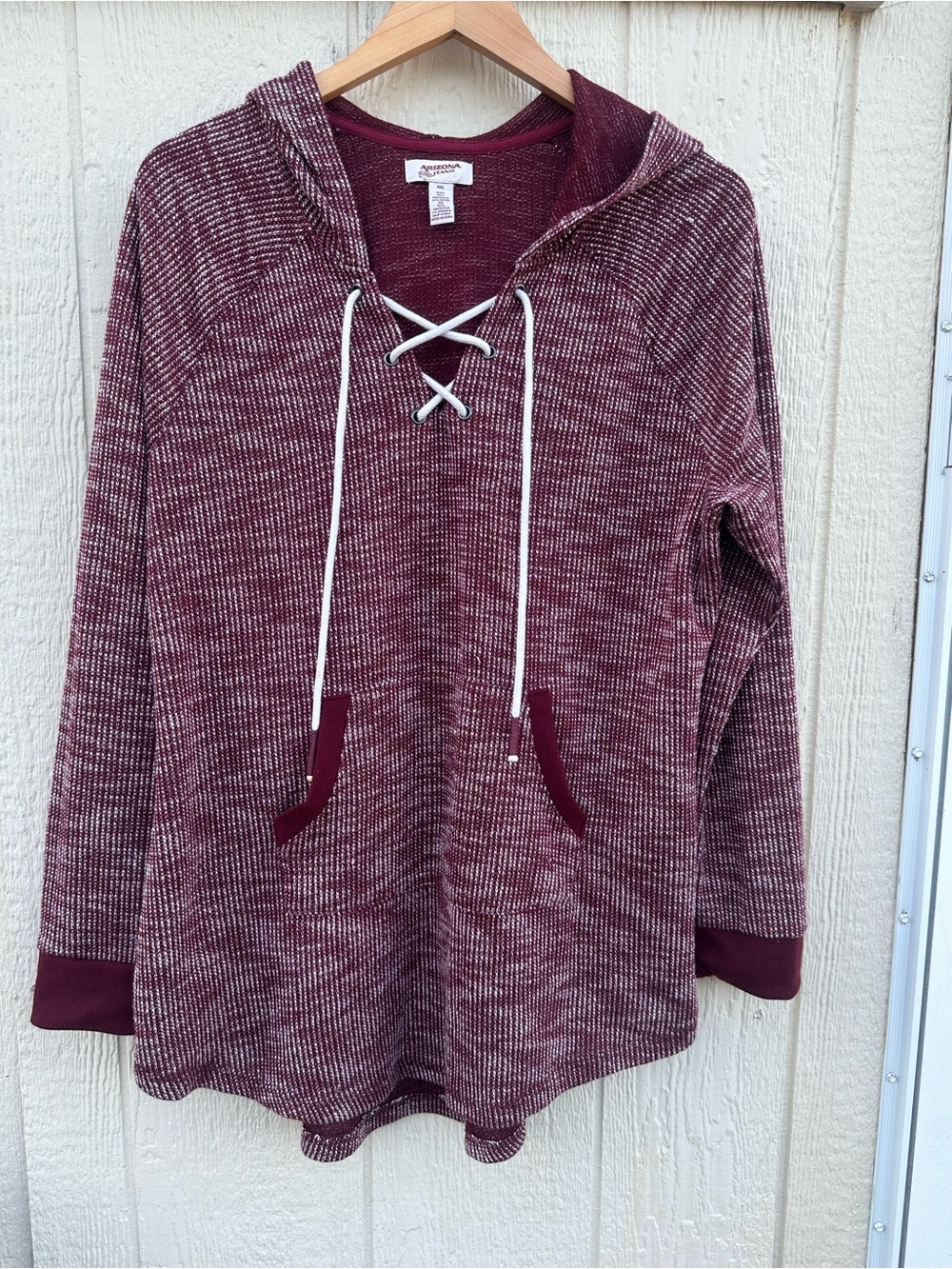 Arizona Jean Company Marled Lace-Up Hoodie Sweater - Burgundy & White